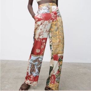 Zara Satin Effect Patchwork Printed Pants Bohemian Eclectic Floral Artistic XS